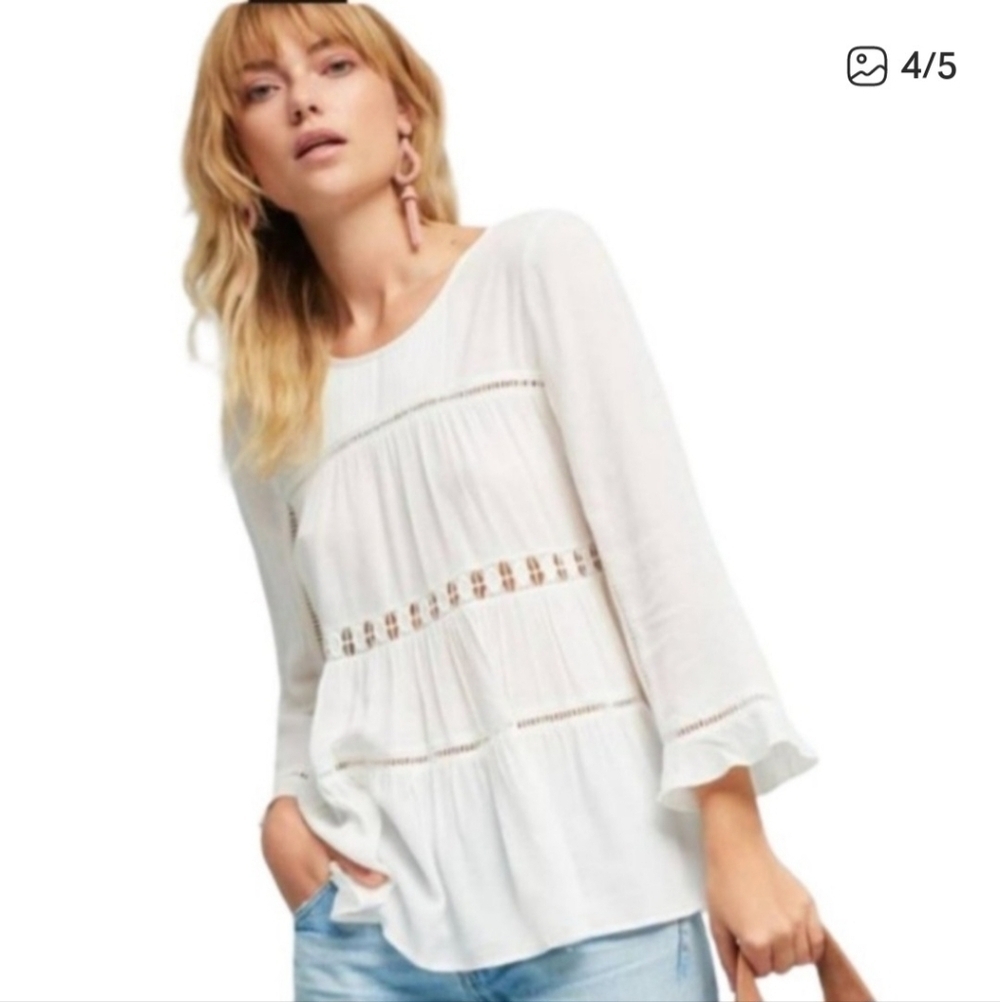 MAEVE Anthropologie Laban White Swing Blouse Peasant Boho Flowy Size Small